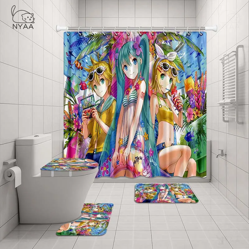 NYAA, 4 шт., Hatsune Miku, занавеска для душа, пьедестал, ковер, крышка для унитаза, коврик для ванной, набор ковриков для декора ванной комнаты - Цвет: NY5938