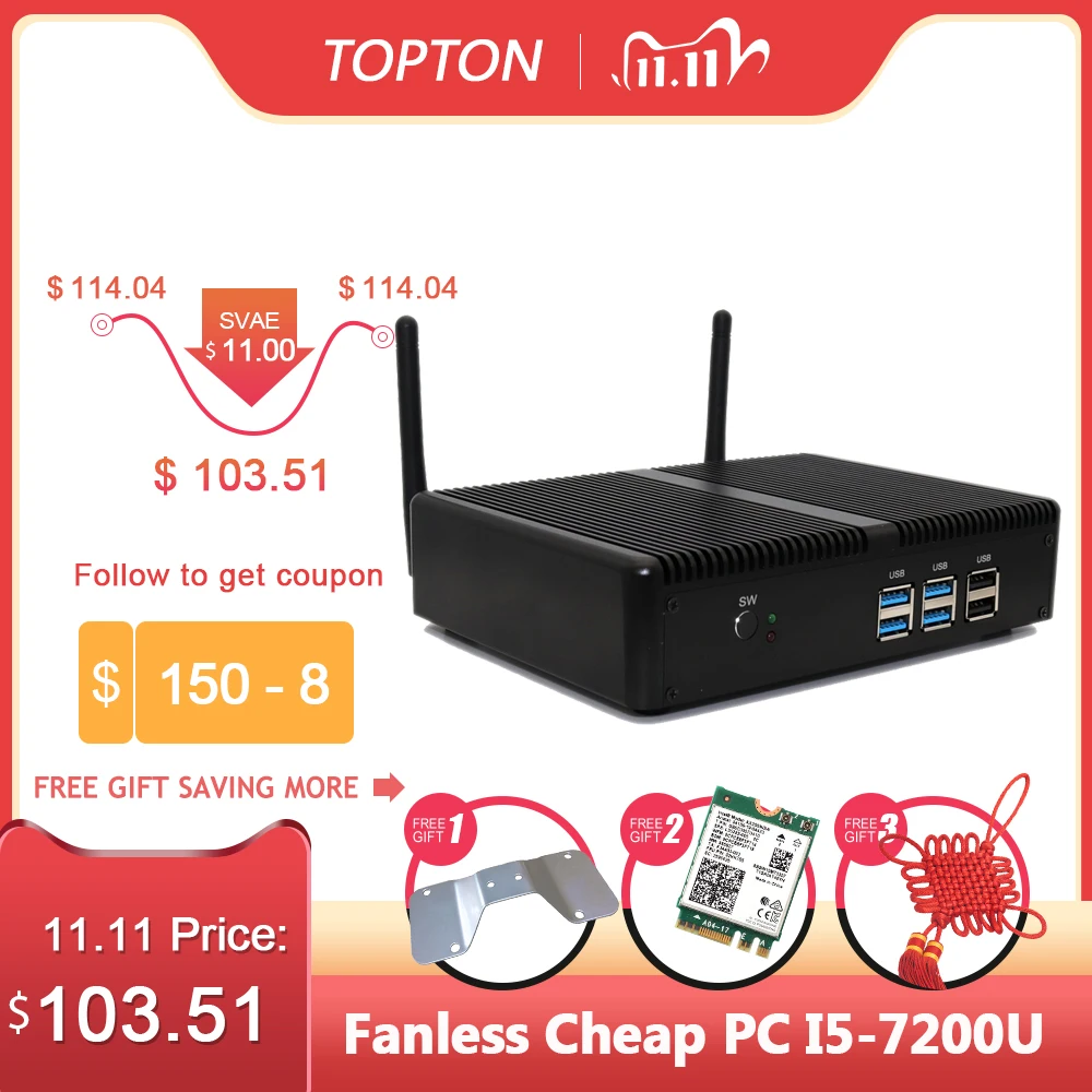 Мини пк без вентилятора Topton Intel NUC Core i3 i5 i7 недорогой HDMI VGA WIN10 linux barebone маленького