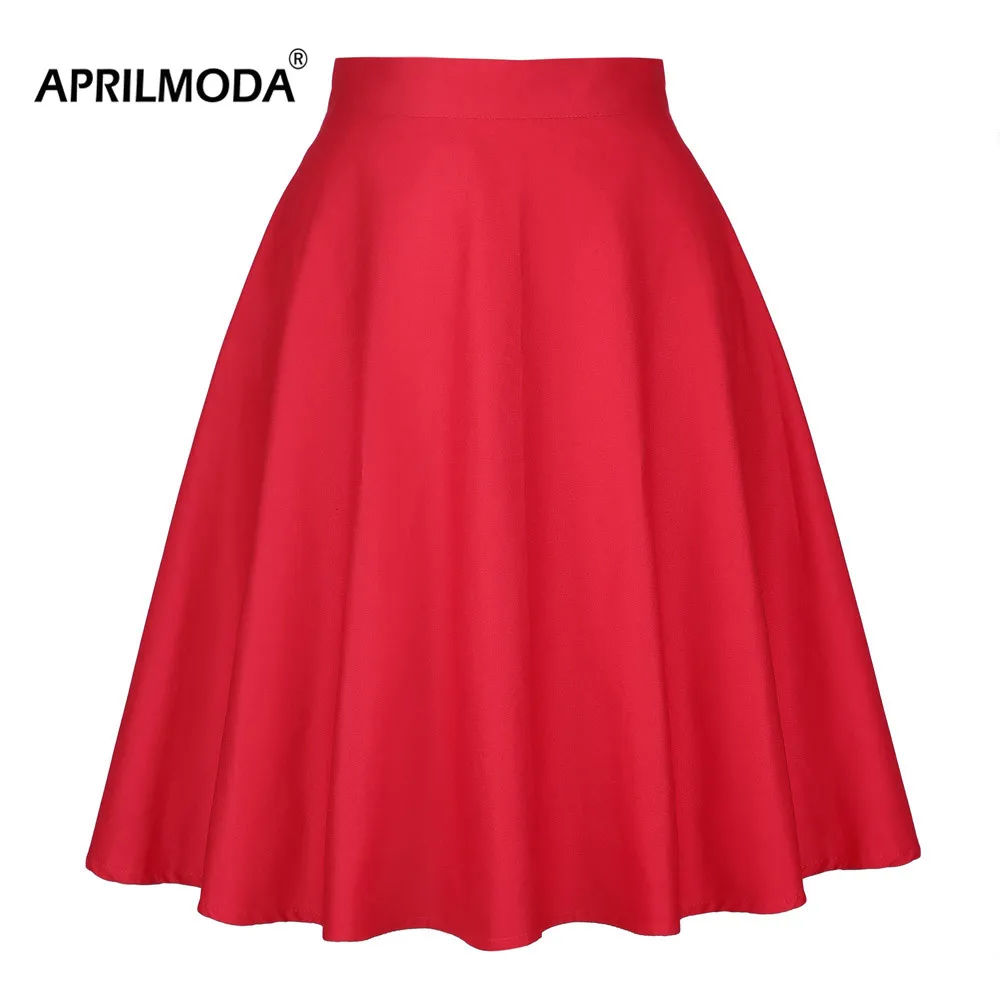 

autumn women pleated Skater Skirt Fashion 2019 Retro high waist red 40s 50s 60s Retro large swing midi skirts for Party female