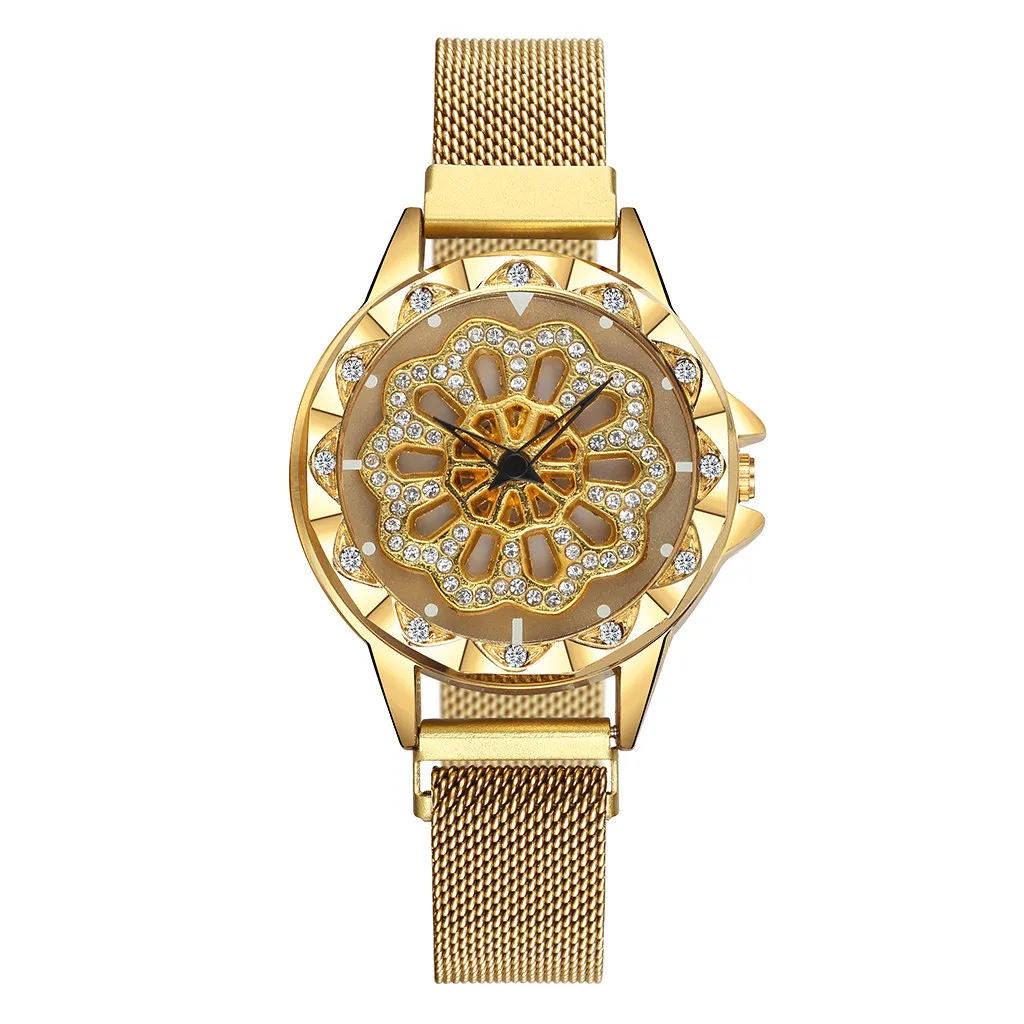 Роскошные женские часы, стразы, вращающийся циферблат, Дамская мода, кварцевые наручные часы с магнитной пряжкой на ремешке, повседневные часы, Reloj Mujer# L