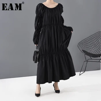 

[EAM] Women Black Pleated Ruffles Big Size Midi Dress New Round Neck Puff Sleeve Loose Fit Fashion Spring Summer 2020 1S57701