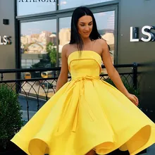 Небесно-желтое платье для выпускного вечера атласное ТРАПЕЦИЕВИДНОЕ ПЛАТЬЕ длиной до колен Короткие Выпускные платья вечерние платья для вечера встречи выпускников платье