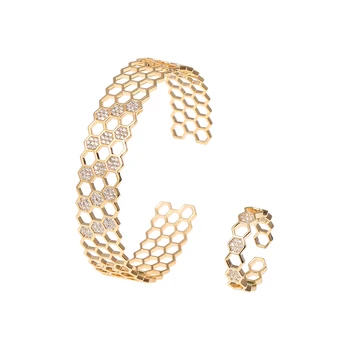 

Luxury Women Bracelet Ring Set Hexagon Geometric Hollow out Zircon Open Cuff Bangle & Ring Romatic Pulseiras Jewelry Accessory