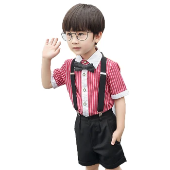 

2020 Summer Kids Formal Dress Costume School Boys Girls uniforms suit Shirt+Shorts +Overall+Tie Wedding Party Clothing Set 2-14T
