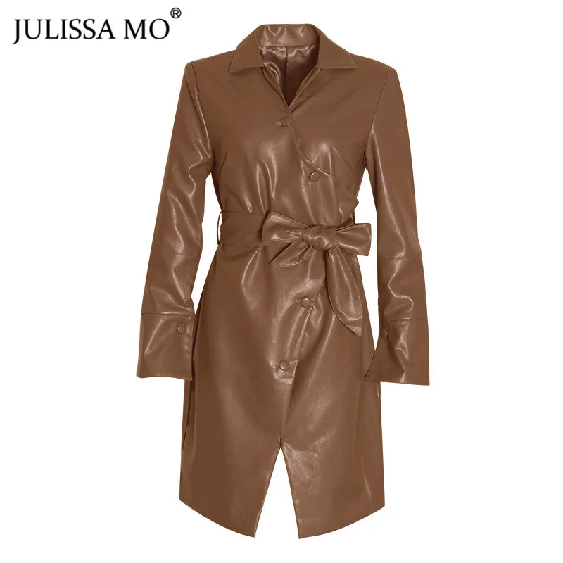 Julissa mo шикарные однобортные длинные пальто из искусственной кожи женские элегантные с поясом теплые зимние тренчи повседневные куртки из искусственной кожи