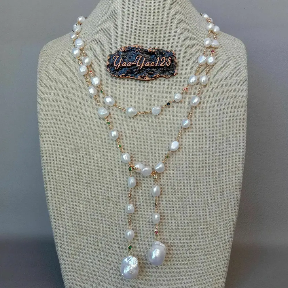 

51'' Freshwater White Keshi Pearl Mixed Color Cz Pave Chain Long Necklace