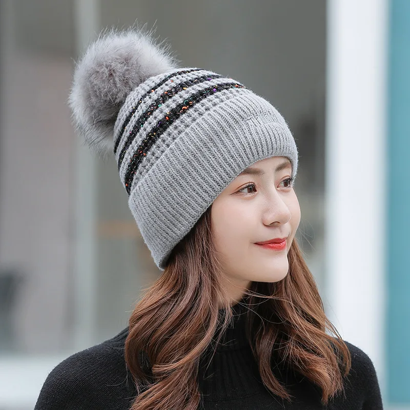 Women Winter Thicken Alphabet embroidery Flanging Warm Ear protectors Little bee Pompom knit hat Female Skull Beanies cap Z205