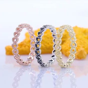 

925 Sterling Silver Ring Openwork Vintage Linked Love Heart Rings For Women Wedding Party Gift Fashion Jewelry