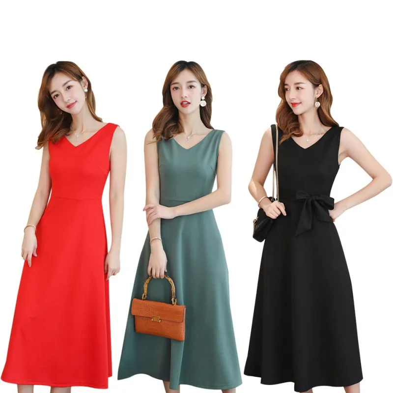 

Solid Casual Midi V-Neck Sleeveless Office Lady Summer Women A-Line Pattern Bow Mid-Calf Empire Waistline Female Dresses