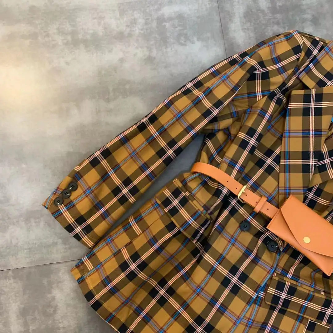 new autumn lapel long-sleeved plaid belt bag waist suit jacket women