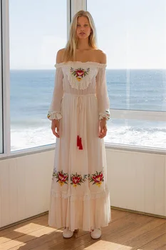 

High Quality 2019 Autumn Bohemian Embroidery Fashion Backless Bow Women Full Slash Neck Loose Elegant Party Dresses Wholesale