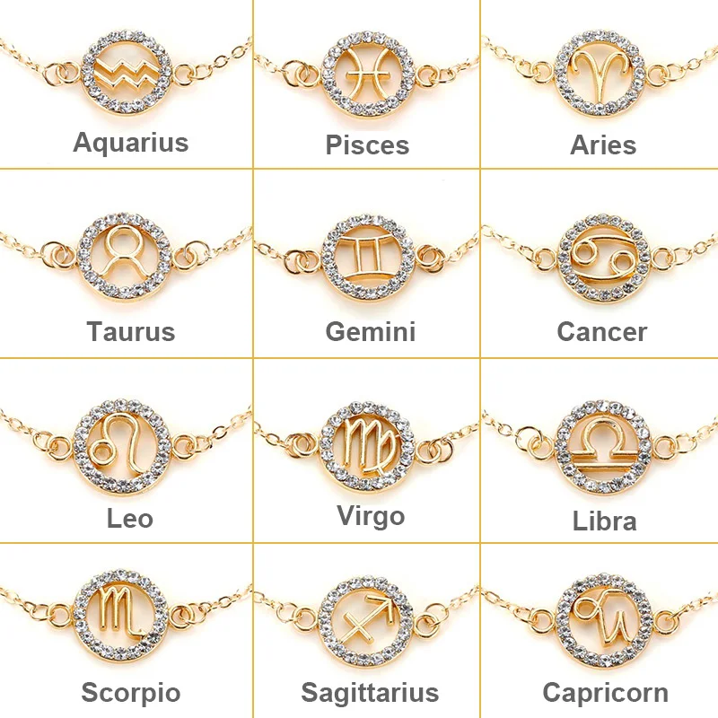 Женский браслет с зодиакальным созвездием стразы золотистого цвета цепочка