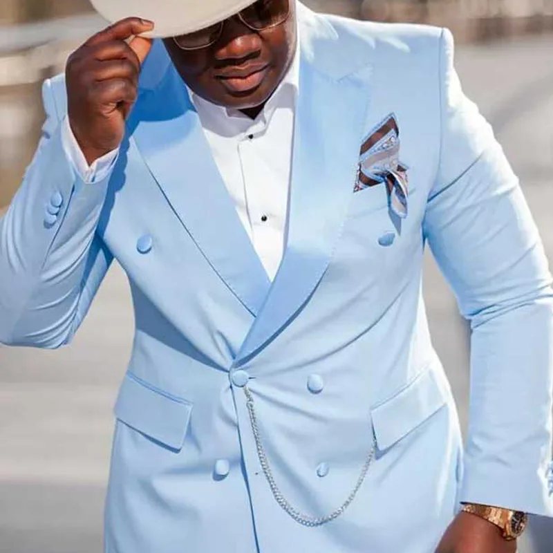 87Slim Fit Men Suits 2019 with Double Breasted Light Sky Blue Peaked Lapel Groom Tuxedos for Wedding Prom 2 piece Man Suit Set