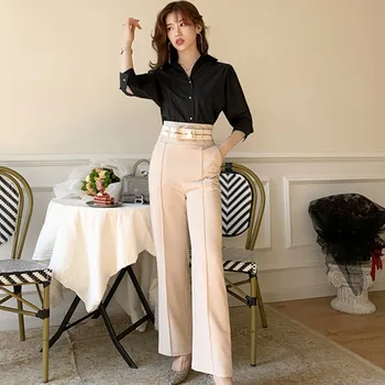 

Spring High Quality Women's New Office Worker Occupation Bat Paragraph Shirt+Fashion Double Belt Wide leg Trousers 2 Piece Set