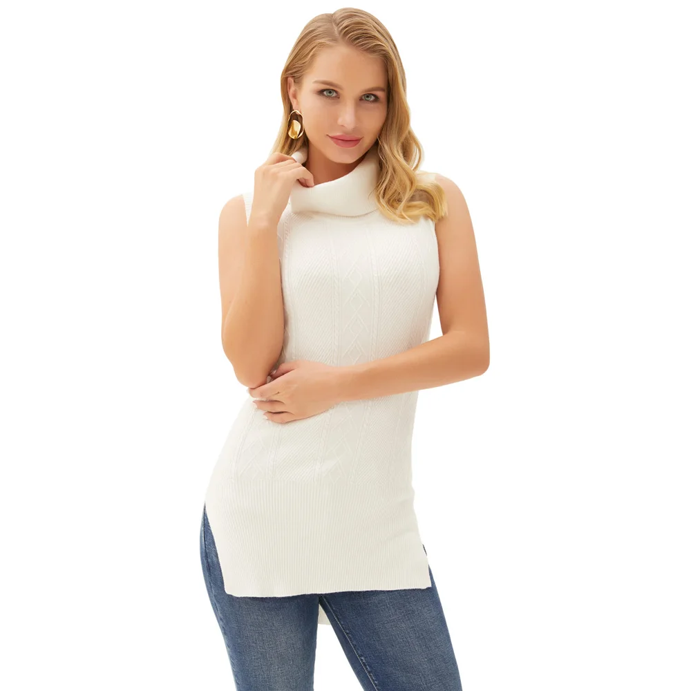

spring fall tops Women knitted sweater Sleeveless Turtleneck Sides Split High-Low Sweater Pullover Knitwear solid elastic top