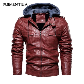 

Puimentiua Men PU Leather Jackets Winter Comfortable Male Casual Hooded Leather Jacket Coat Men Windbreaker 2020 Plus Size