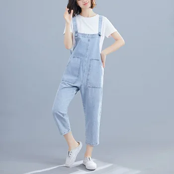 

Women Denim Overalls Loose Casual Straps Harem Jeans Rompers Women Denim Jumpsuit Calf-Length Light Blue Jumpsuits Playsuits