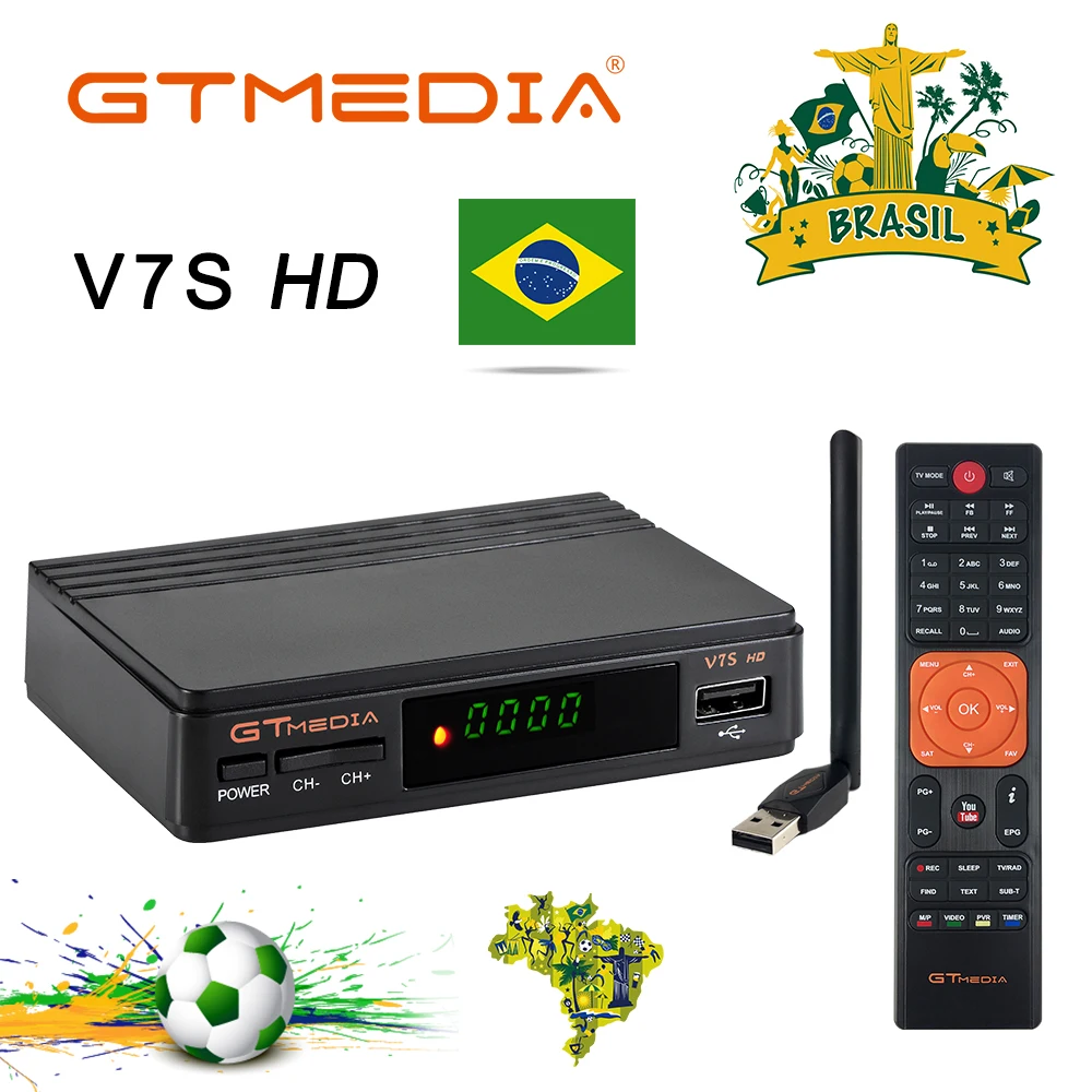 Бразилия склад GT медиа V7S HD DVB S2 Full 1080P спутниковый ТВ приемник + USB WI FI Anttena Испания