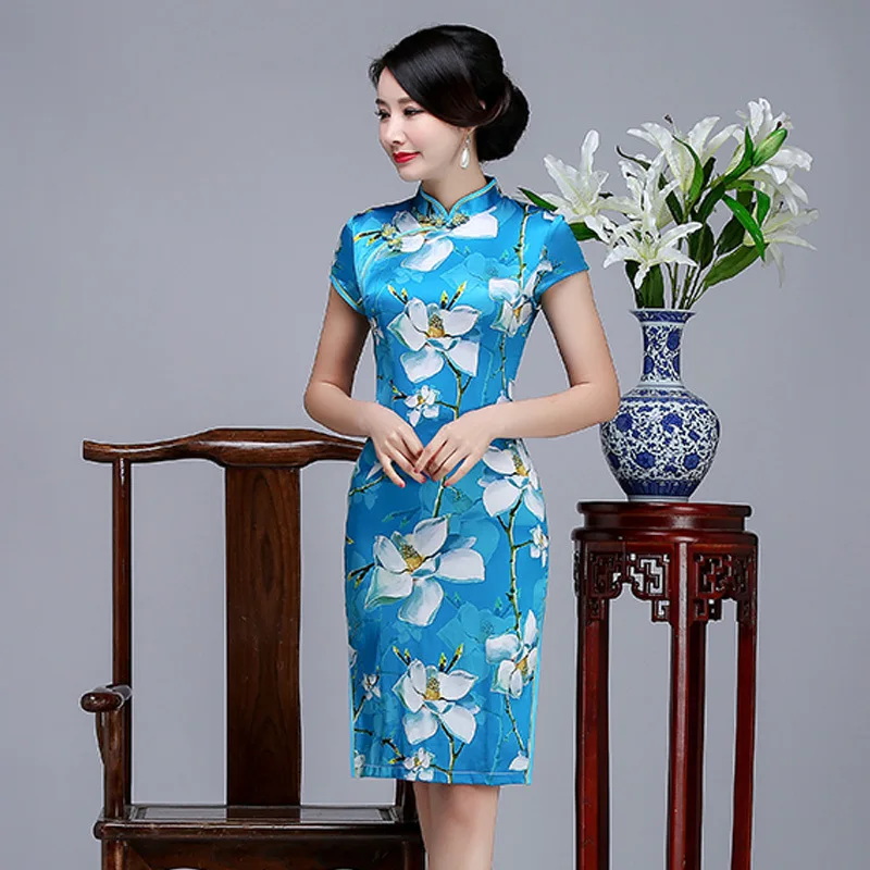 Ретро Печать Цветок китайская леди Qipao классический китайский женский халат со стоячим воротником, с цветочным принтом сексуальный короткий тонкий Vestidos оверсайз 3XL Формальное вечернее платье