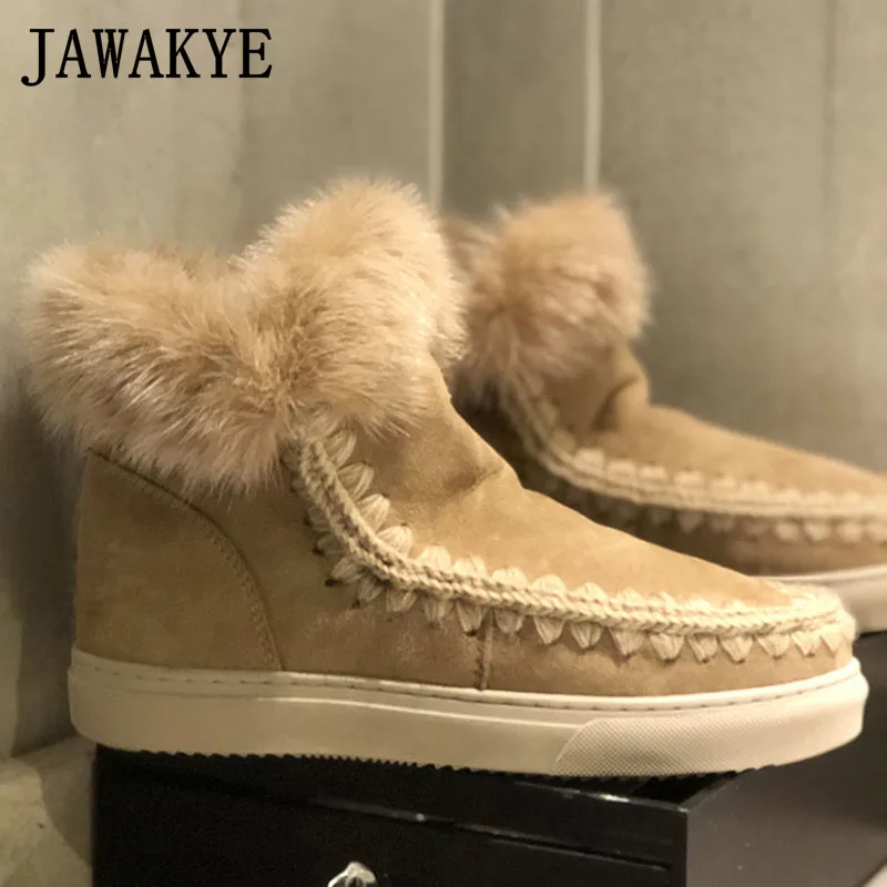 JAWAKYE/зимние шерстяные ботинки; женская обувь на плоской подошве с мехом; цвет черный, хаки; женская зимняя обувь с плетеным кроличьим мехом; Полусапоги на платформе