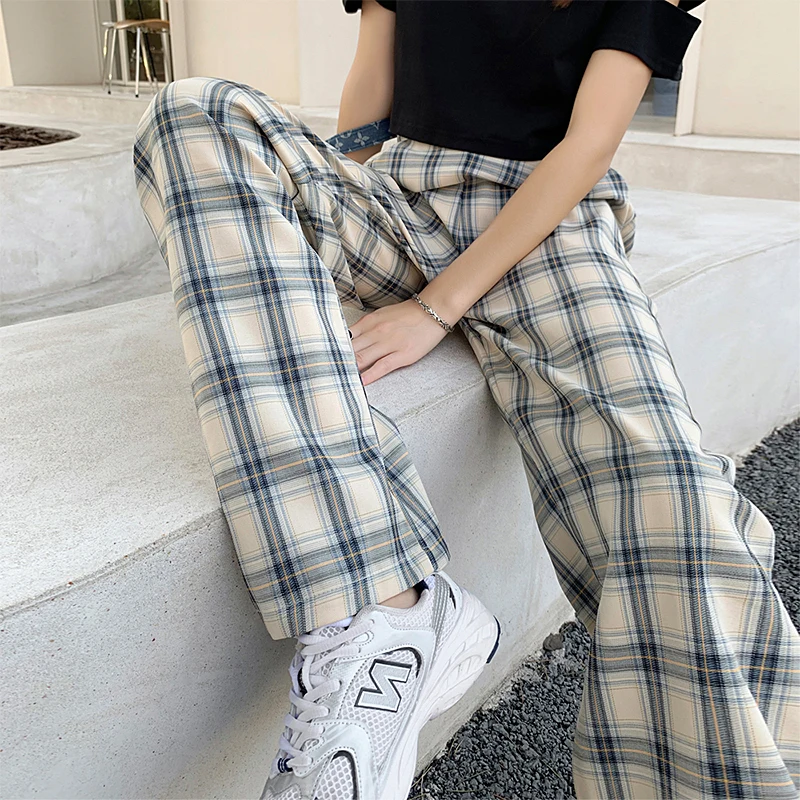 

Vinatge Plaid Pants Women Summer Autumn High Waist Wide Leg Pants Elegant Chic Plus Size Trousers pantalon femme
