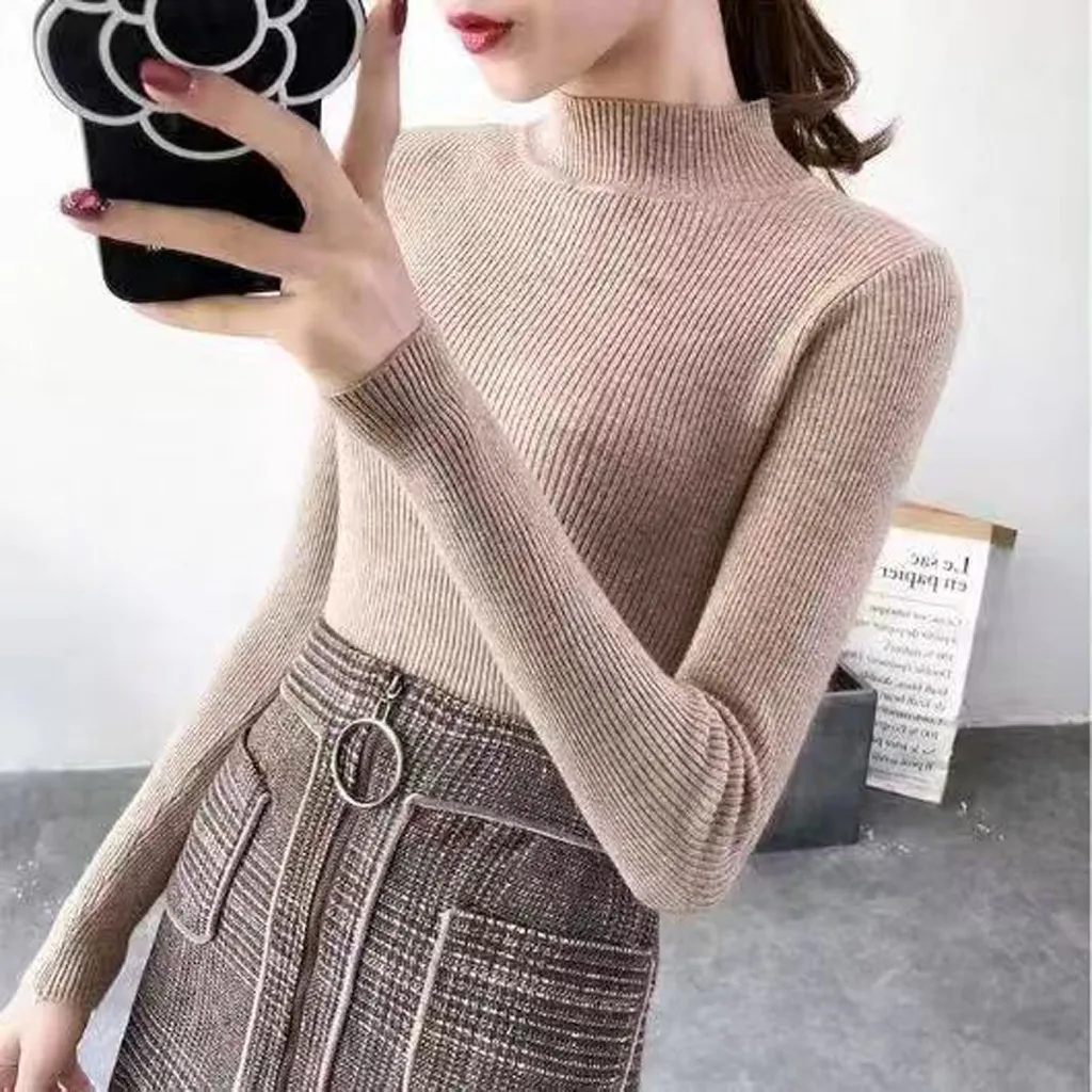 

Elegent Fashion knitting Solid Blouse Casual Winter Clothing Slim Fit Basic Tops Female Women Long Sleeve Shirt Blusa Pullover