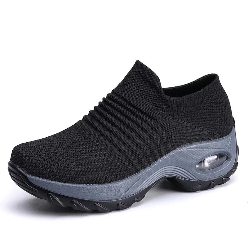 Black and Gray Модные кроссовки на платформе; женская повседневная обувь с воздушной подушкой на толстой подошве; обувь без шнуровки; обувь для танцев; tenis feminino; Вулканизированная обувь - Цвет: Black and Gray