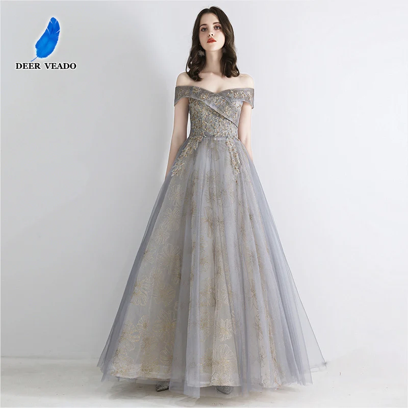 

DEERVEADO MFY069 Elegant A Line V Neck Prom Dresses Long Formal Dress Prom Party Dresses with Appliques