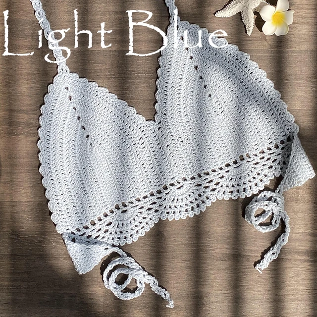 2021 New Bikini Top Handmade Crochet Women Boho Beach Bralette Solid Halter Knitted Swimsuit Brazilian Bikinis Bathing Suit Top Light Blue
