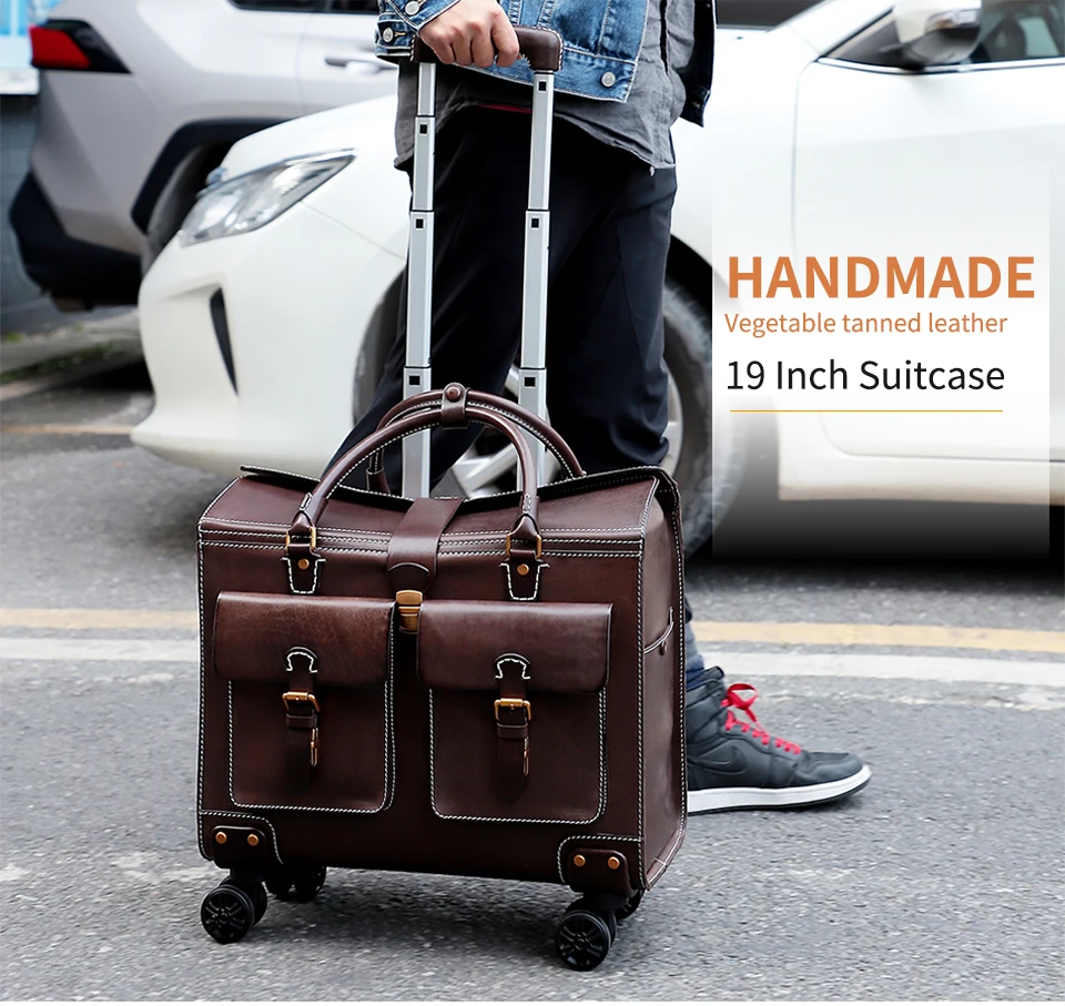 Woosir 19 Inch Travel Luggage Vintage Leather Suitcase On Wheels