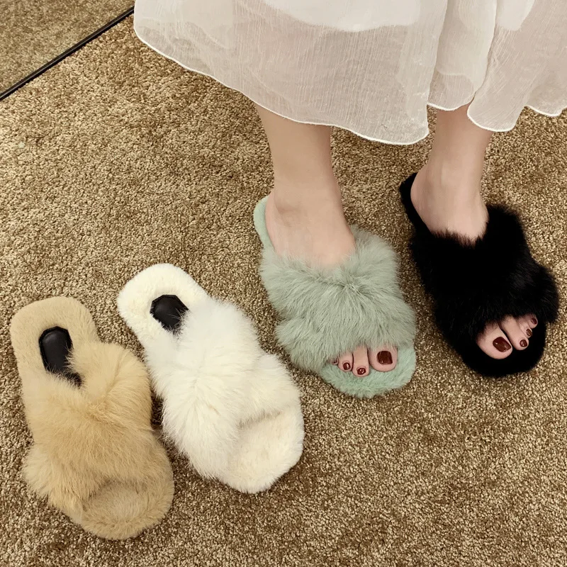 

Plush Slipper Women's 2019 Autumn And Winter Fashion Outer Wear Online Celebrity Fashion Cross Rabbit Fur Slipper Lazy Flat Cott