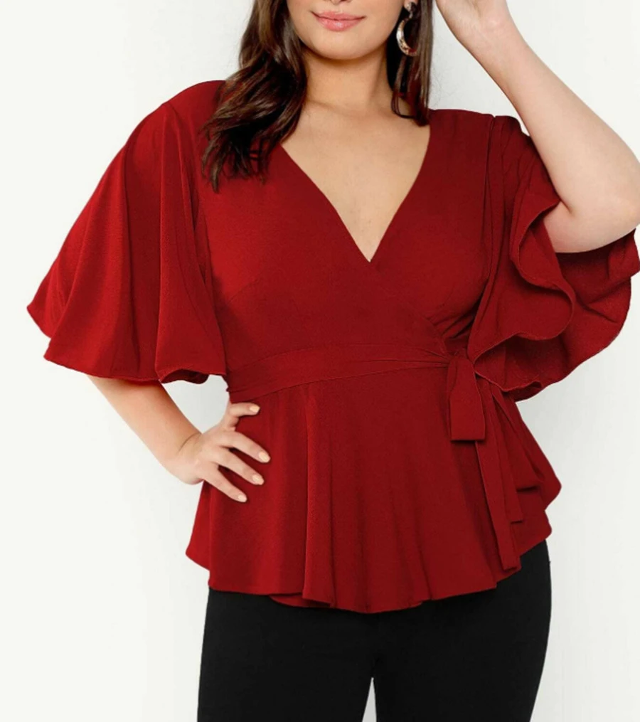 ladies shirts 2020 Fashion Women Summer Blouse Tops Solid V Neck Flare Sleeve High Waist Casual Blouse Shirt Plus Size Ladies Tunic Tops poet shirt