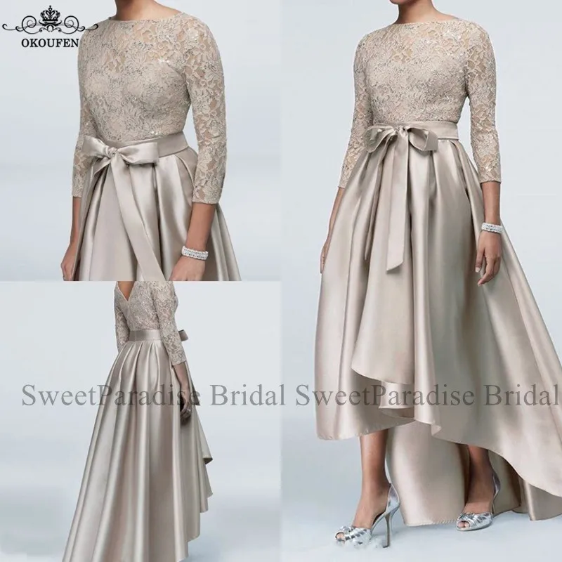 

High Low Mother Of The Bride Dresses With Long Sleeves Bow Sash Silver Sheer Lace and Satin Skirt Evening Dress For Women