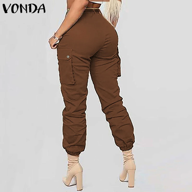 VONDA, лето, осень, длинные штаны с поясом, женские повседневные однотонные штаны на пуговицах размера плюс, офисные комбинезоны OL, Pantalon