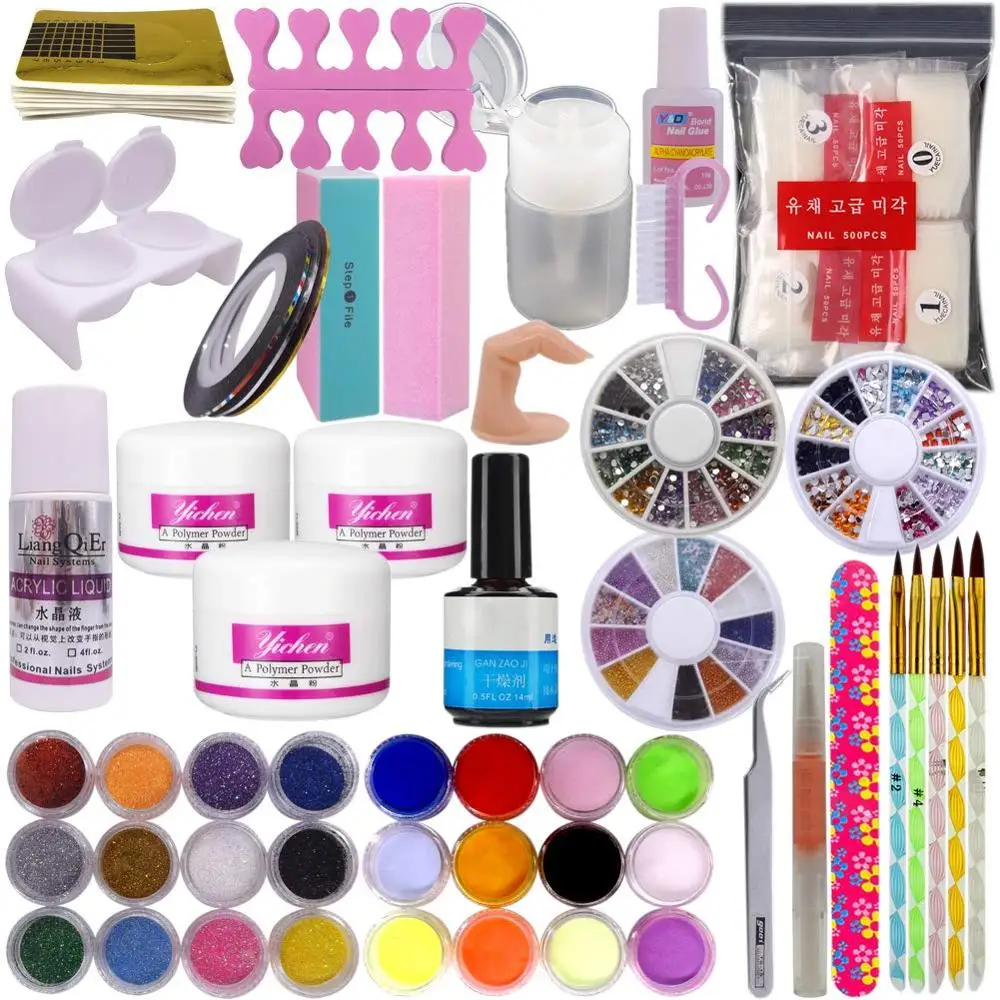 DIY украшения для дизайна ногтей УФ-гель набор кистей буферный инструмент Советы для ногтей клей красочный акриловый порошок блеск шлифовальный напильник салонный Набор для
