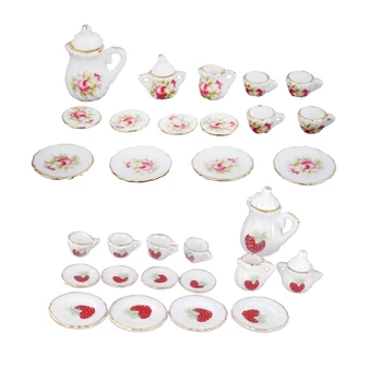 

15Pcs Dollhouse Miniature Ware Porcelain Tea Set Plate Mug Plate Pink Flower & 15Pcs 1/12 Dollhouse Miniature Dining Ware Porcel