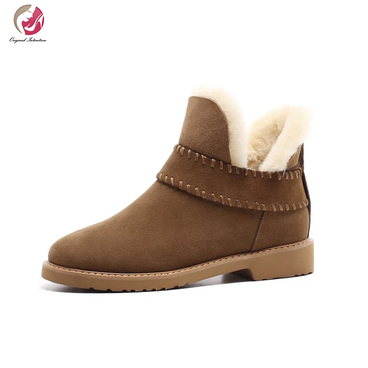 

Original Intention Winter Short Snow Ankle Boots Round Toe Flat Heels Boots Black Brown Concise Super Warm Casual Shoes Woman