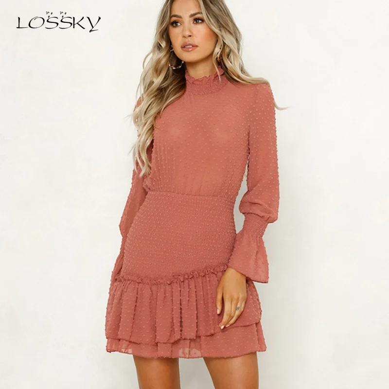 Prix Lossky femmes robe à manches longues Sexy voir à travers Mini robe de princesse automne hiver blanc cascade à volants dame pull vêtements