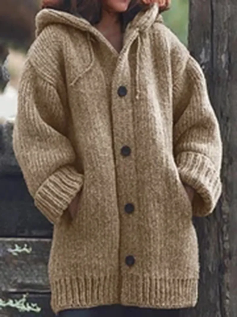 Khaki Cardigan Hooded Oversize Knitwear Sweater Female Winter Casual Long Sleeve Button Knitted Coat Women Autumn Hooded Outerwear 5XL - Color: Khaki