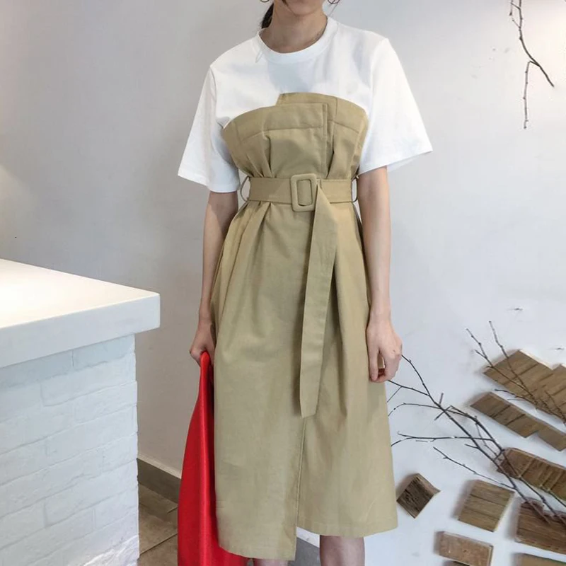 TWOTWINSTYLE платье с поясом для женщин, короткий рукав, пэтчворк, с рюшами, высокая талия, длинные платья, летняя Женская Корейская одежда