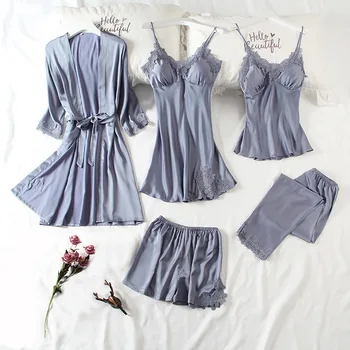 

5PCS Women Bride Bridesmaid Wedding Robe Set Casual Pajamas Suit Soft Shirt&Pant Satin Spring Summer Sleepwear Home Clothes