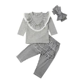 価格 幼児の子供の女の服のレースのパッチワークフリルtシャツ長袖チェック柄レギンスパンツカチューシャ3個服セット