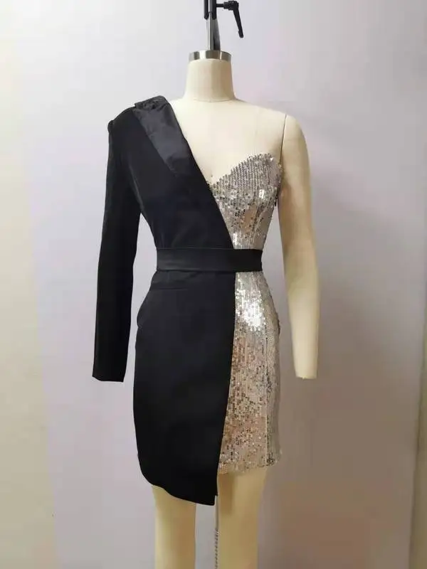 Top Quality Celebrity Black One Shoulder Patchwork Dress Cocktail Party Dress