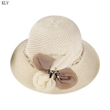 

Women Summer Straw Sun Hat Contrast Color Bowknot Decor Braided Ribbon Wide Brim Fisherman Bucket Cap Jacquard Knitted Beachwear