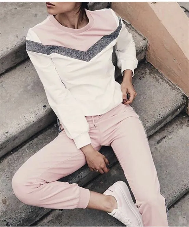 

Russia Supply of Goods Pullover Long-sleeved Sweater Set V Shaped Joint Sports WOMEN'S Suit Russia Women Set