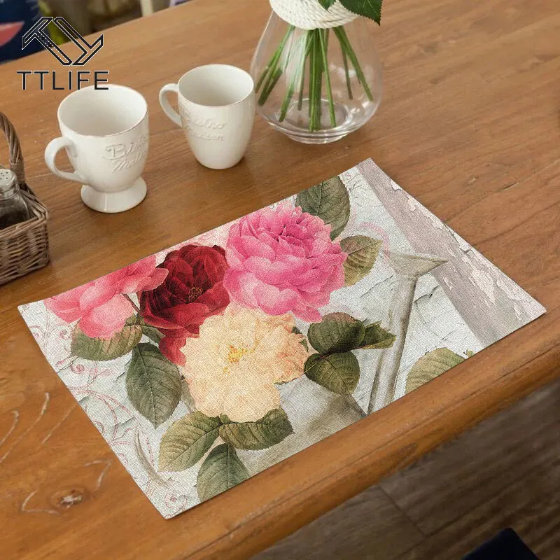 

TTLIFE Soft Tableware Mats Flower Printing Dinning Table Placemat Waterproof Heat Resistant Table Napkins Restaurant Accessories