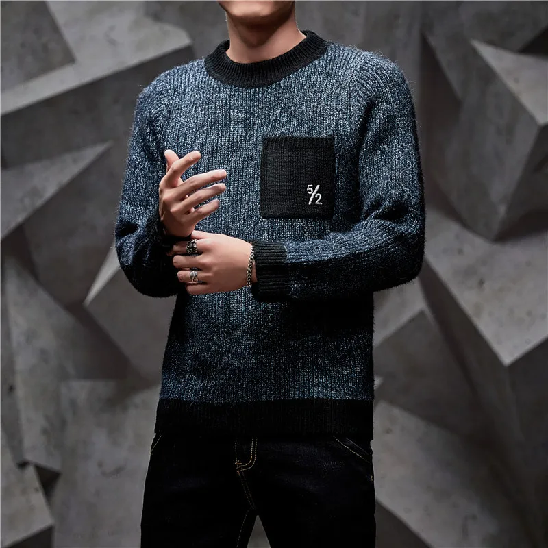 Navy Blue Брендовая Мода, Chompas Para Hombre, с круглым воротником, приталенный, тянется, Homme, осенний свитер, мужские повседневные пуловеры, мужские вязаные - Цвет: Navy Blue