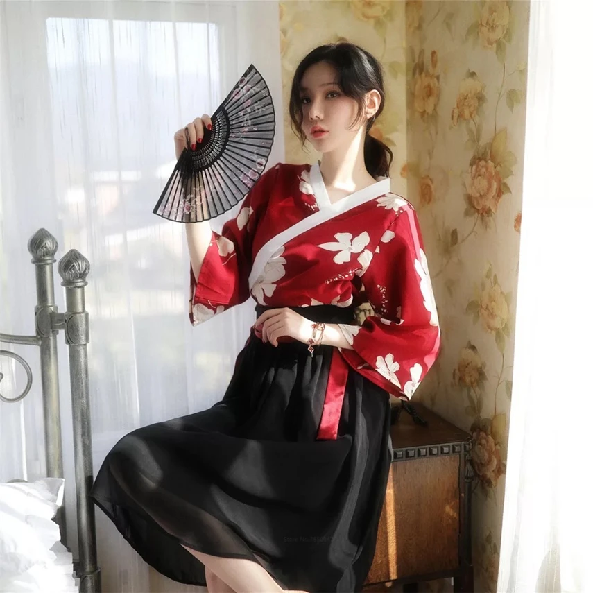 

Традиционное японское платье-кимоно для женщин, винтажные костюмы с цветочным принтом и длинным рукавом, Самурайские костюмы, прозрачные костюмы
