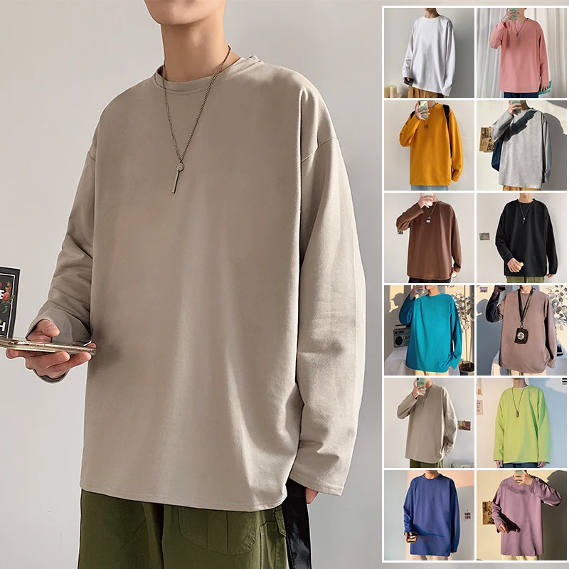 

Privathinker Solid Color Men White Long Sleeve T shirts Korean Hip Hop Oversized Man Casual Tee Men's Streetwear T shirts