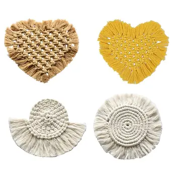 

Boho Handwoven Cotton Thread Tassel Coasters Absorbent Heat Resistant Braided Macrame Placemat Table Mat Wedding Decor